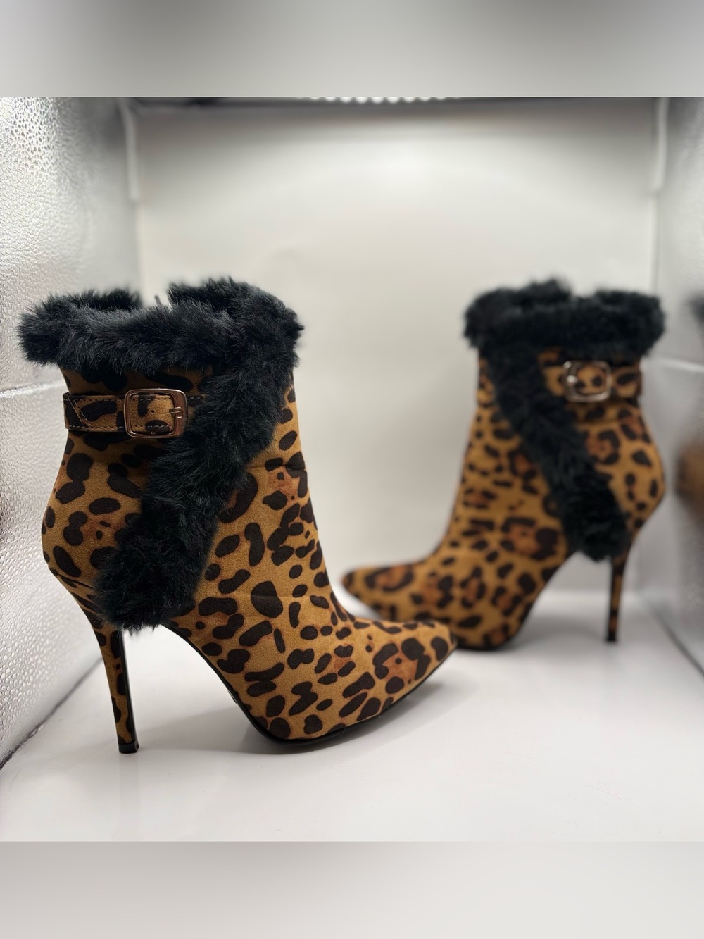 Anne Michelle Leopard Print Faux Fur Trim Stiletto Ankle Boots - Black & Brown